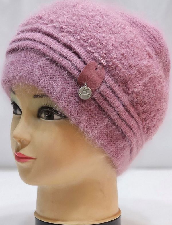3-1-A11 жіноча шапка ангорова з подвійної в'язки прикрашена опушкою "тедді"